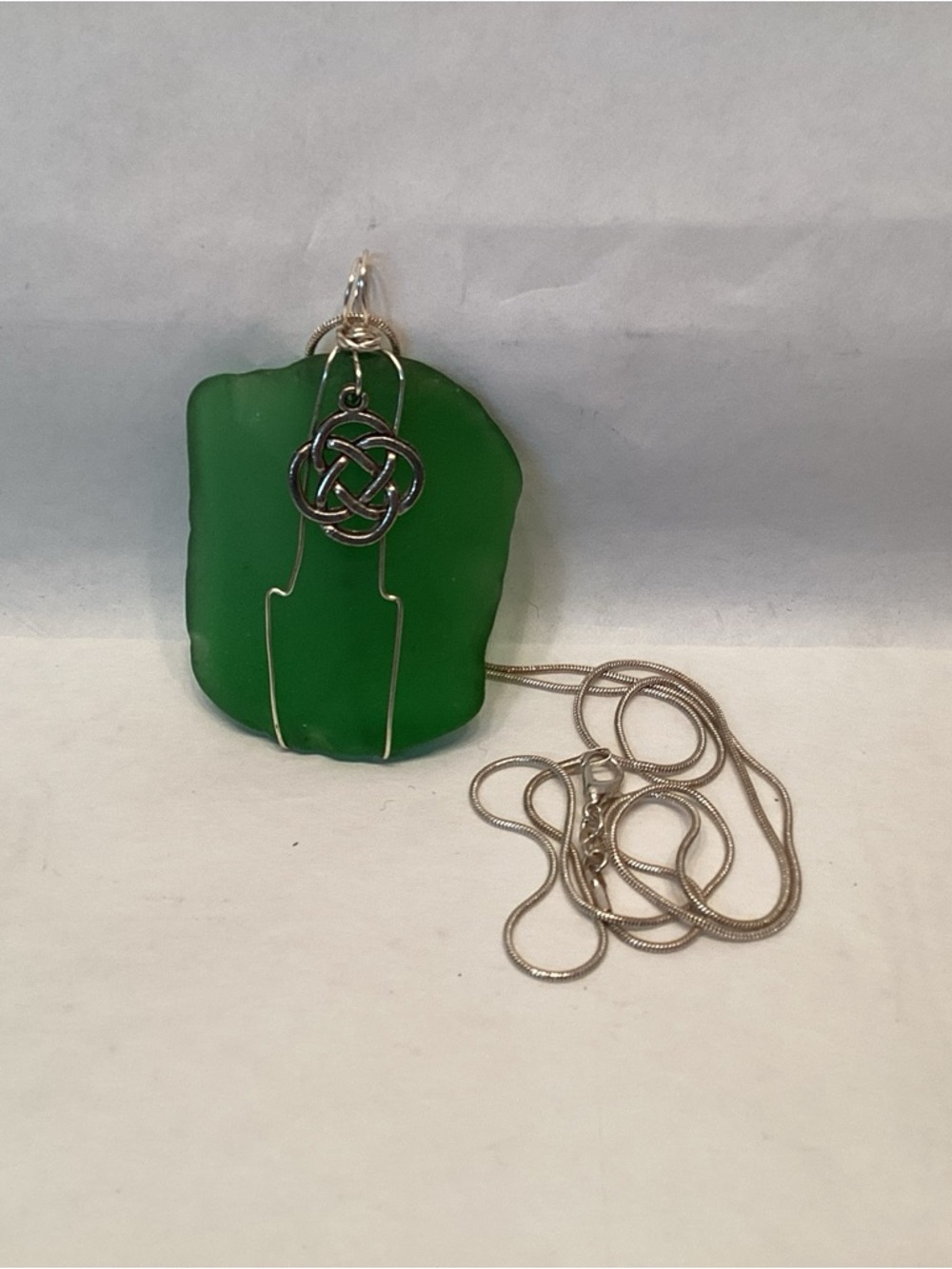 Celtic Knot Sea Glass Pendant Necklace Sterling Green Wire Unique OOAK Artisan